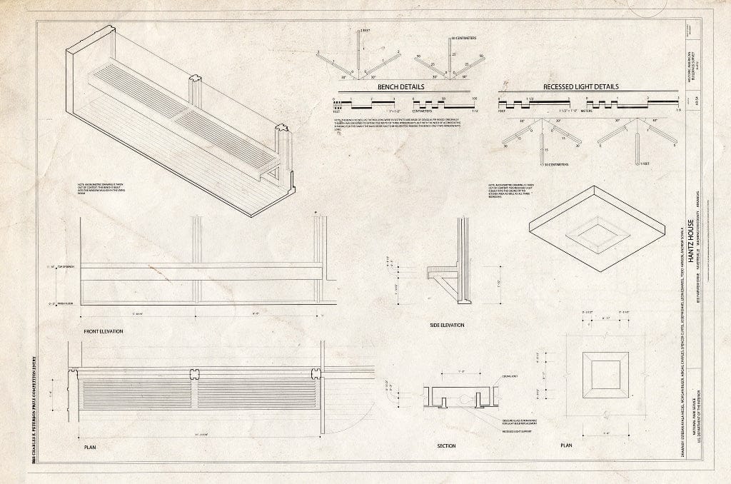 Blueprint Bench Details and Recessed Light Details - Hantz House, 855 Fairview Drive, Fayetteville, Washington County, AR