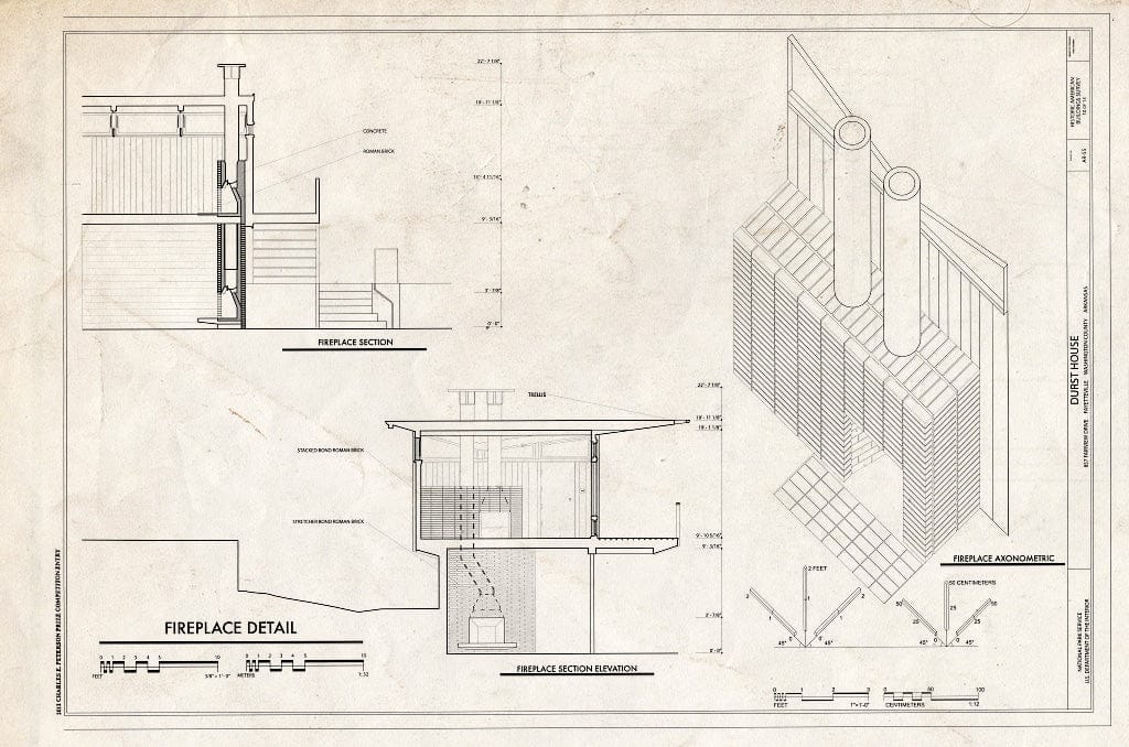 Blueprint Fireplace Detail - Durst House, 857 Fairview Drive, Fayetteville, Washington County, AR