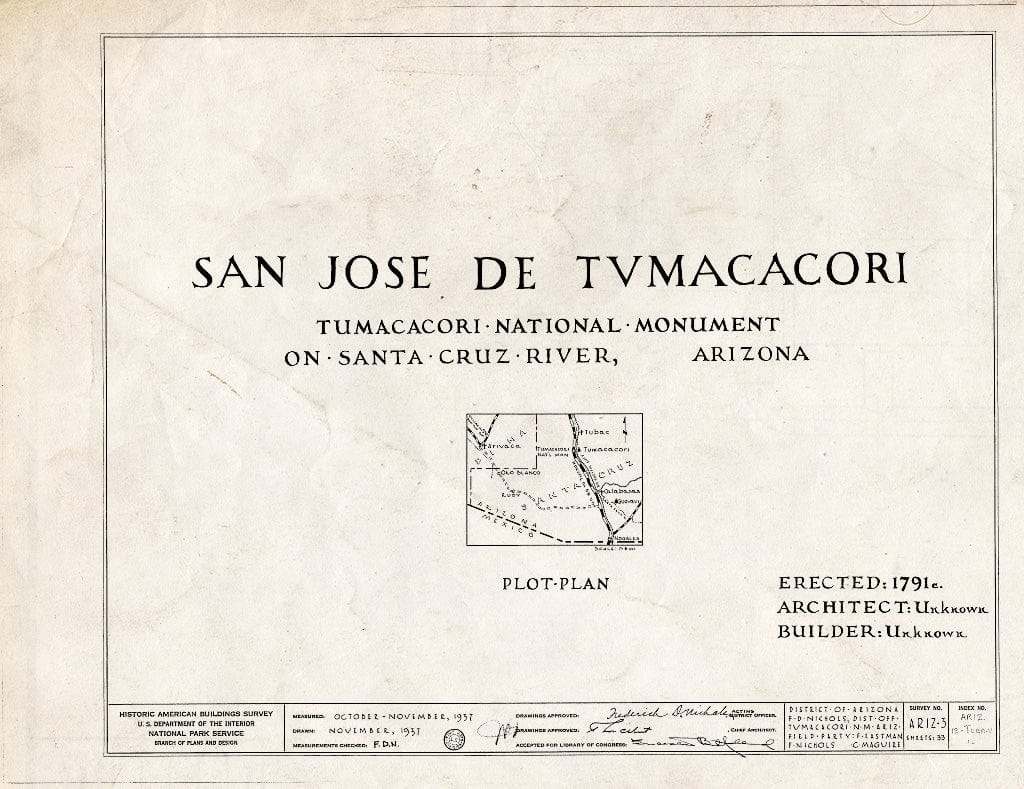 Blueprint 0. Cover Sheet with Plot Plan - San Jose de Tumacacori (Mission, Ruins), Tubac, Santa Cruz County, AZ