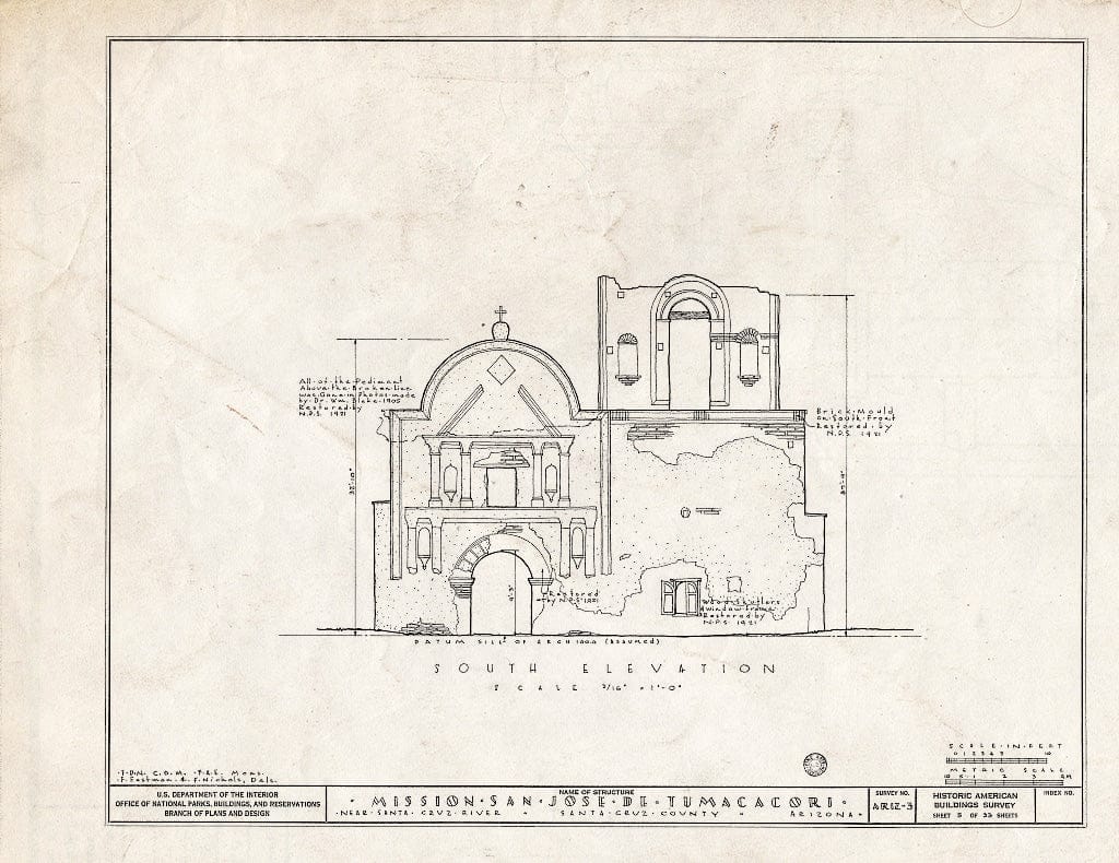 Blueprint 5. South Elevation - San Jose de Tumacacori (Mission, Ruins), Tubac, Santa Cruz County, AZ