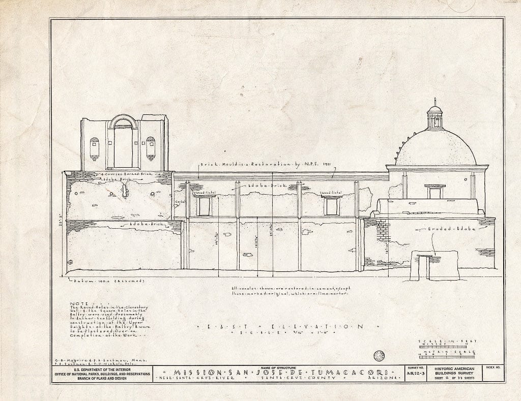 Blueprint 6. East Elevation - San Jose de Tumacacori (Mission, Ruins), Tubac, Santa Cruz County, AZ