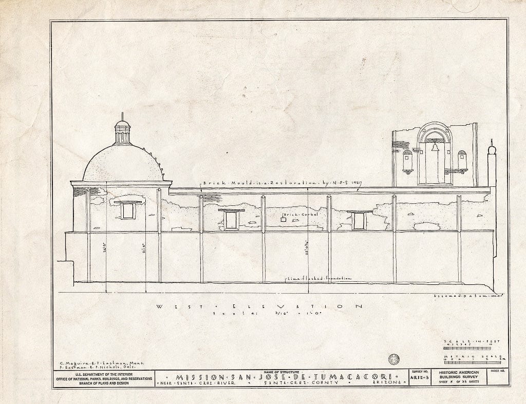 Blueprint 8. West Elevation - San Jose de Tumacacori (Mission, Ruins), Tubac, Santa Cruz County, AZ