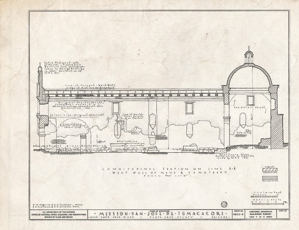 Blueprint 9. Longitudinal Section on line A-A, west Wall of Nave and Sanctuary - San Jose de Tumacacori (Mission, Ruins), Tubac, Santa Cruz County, AZ