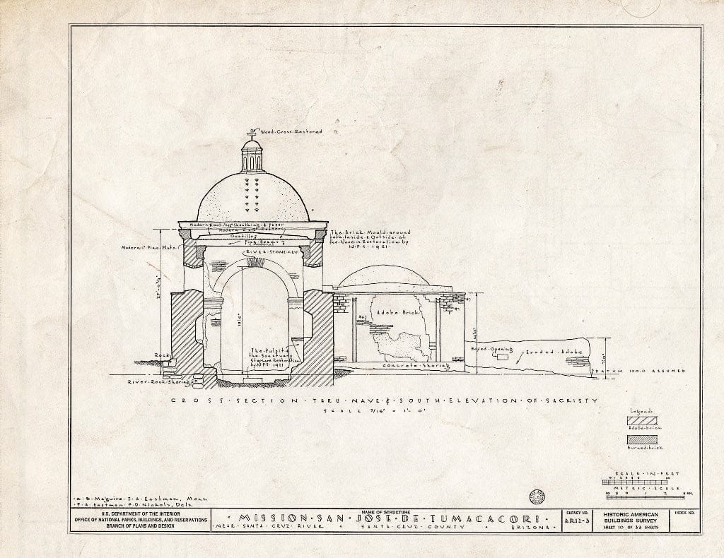 Blueprint 10. Cross Section Thru Nave and South Elevation of Sacristy - San Jose de Tumacacori (Mission, Ruins), Tubac, Santa Cruz County, AZ