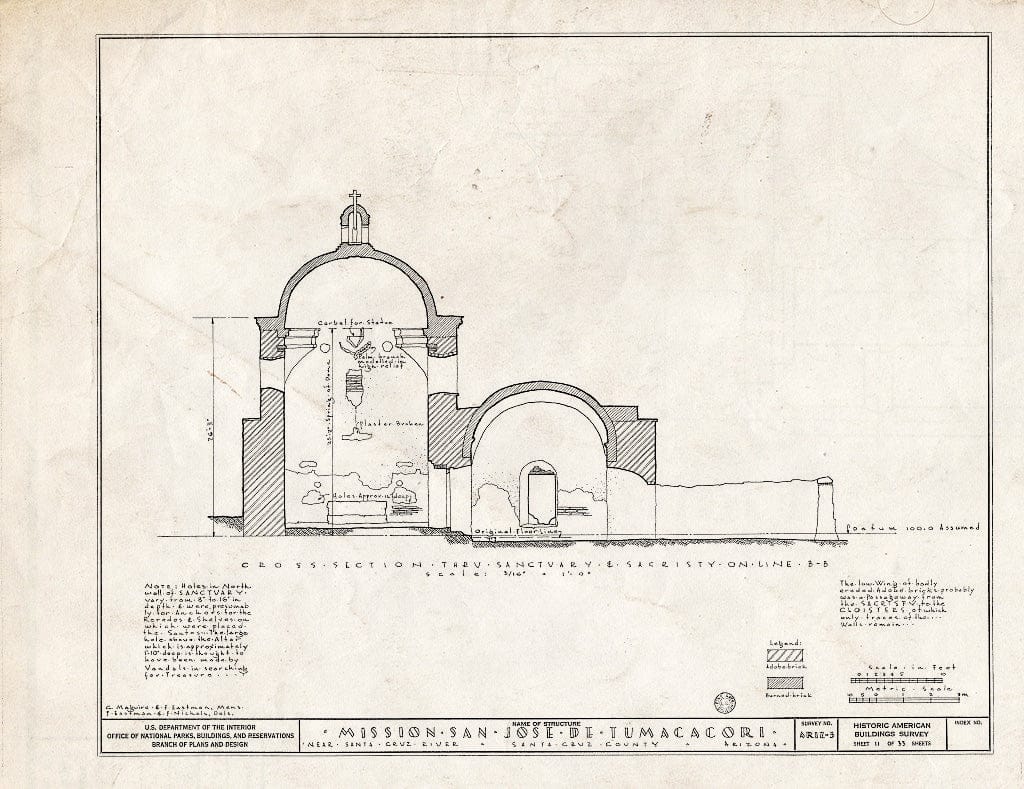 Blueprint 11. Cross Section Thru Sanctuary and Sacristy on line B-B - San Jose de Tumacacori (Mission, Ruins), Tubac, Santa Cruz County, AZ