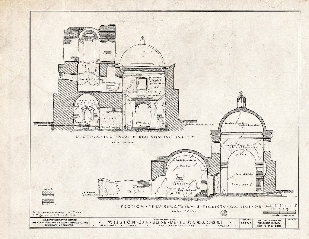 Blueprint 12. Section thru nave and baptistry on line C-C; Section thru sanctuary and sacristy on line B-B - San Jose de Tumacacori (Mission, Ruins), Tubac, Santa Cruz County, AZ