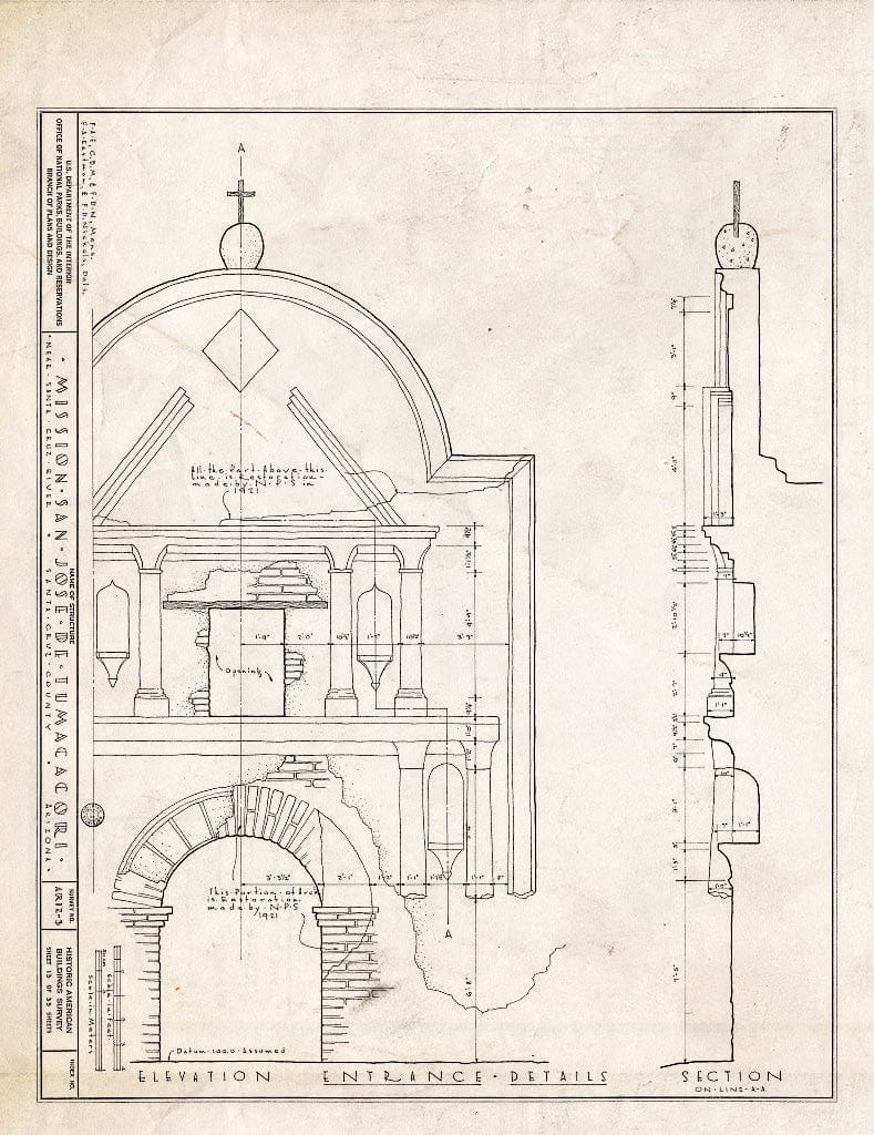 Blueprint 13. Elevation Entrance, Details, Section on line A-A - San Jose de Tumacacori (Mission, Ruins), Tubac, Santa Cruz County, AZ