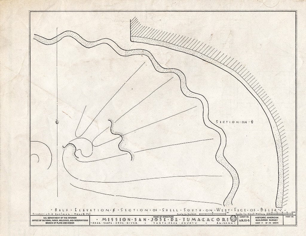 Blueprint 17. Half Elevation and Section of Shell, South on West Face of Belfry - San Jose de Tumacacori (Mission, Ruins), Tubac, Santa Cruz County, AZ