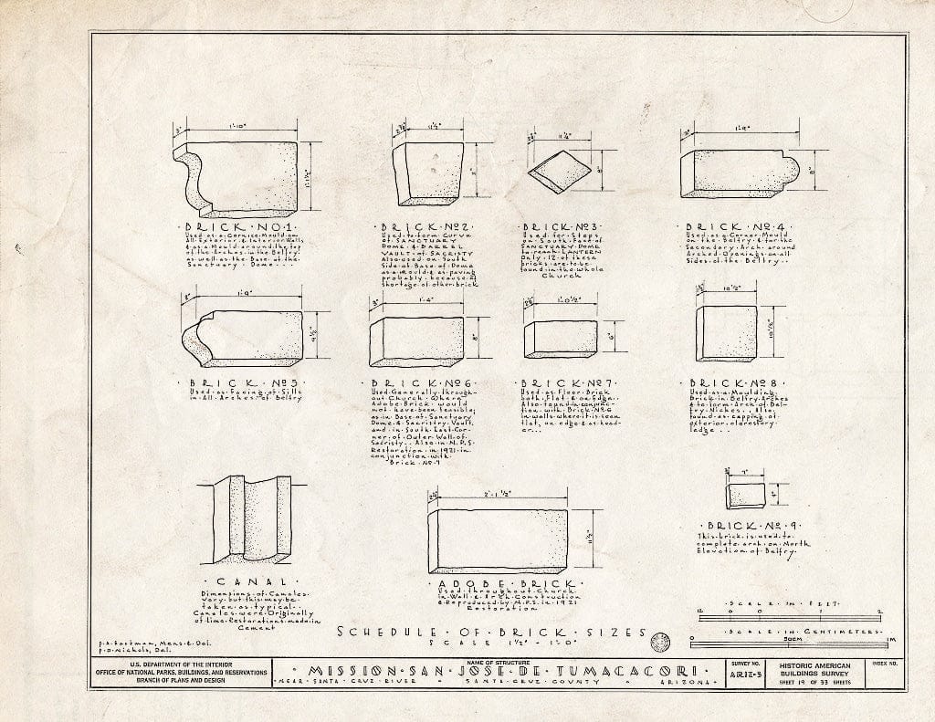 Blueprint 19. Schedule of Brick Sizes - San Jose de Tumacacori (Mission, Ruins), Tubac, Santa Cruz County, AZ