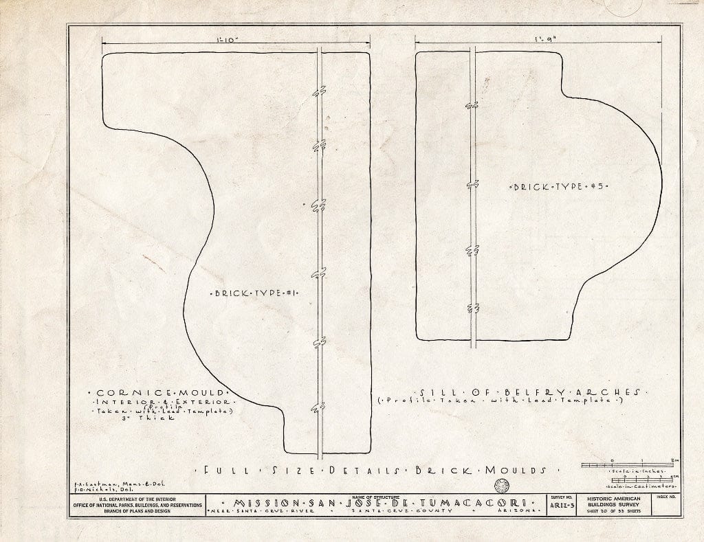 Blueprint 20. Full Size Details, Brick Moulds - San Jose de Tumacacori (Mission, Ruins), Tubac, Santa Cruz County, AZ