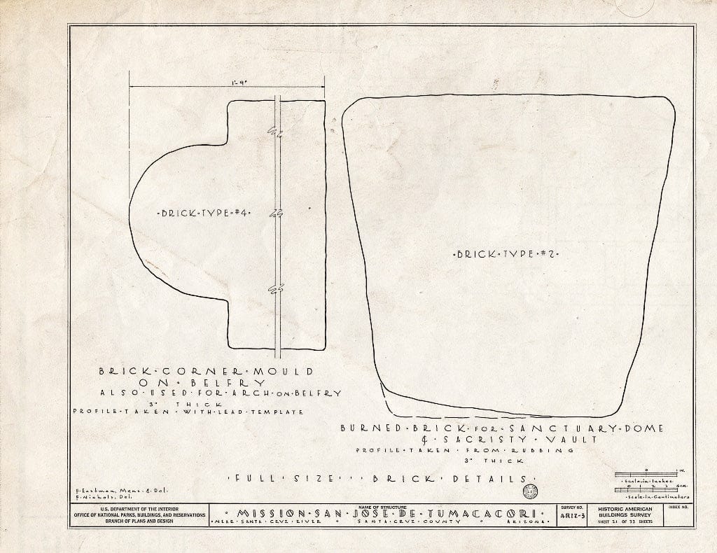 Blueprint 21. Full Size Brick Details - San Jose de Tumacacori (Mission, Ruins), Tubac, Santa Cruz County, AZ
