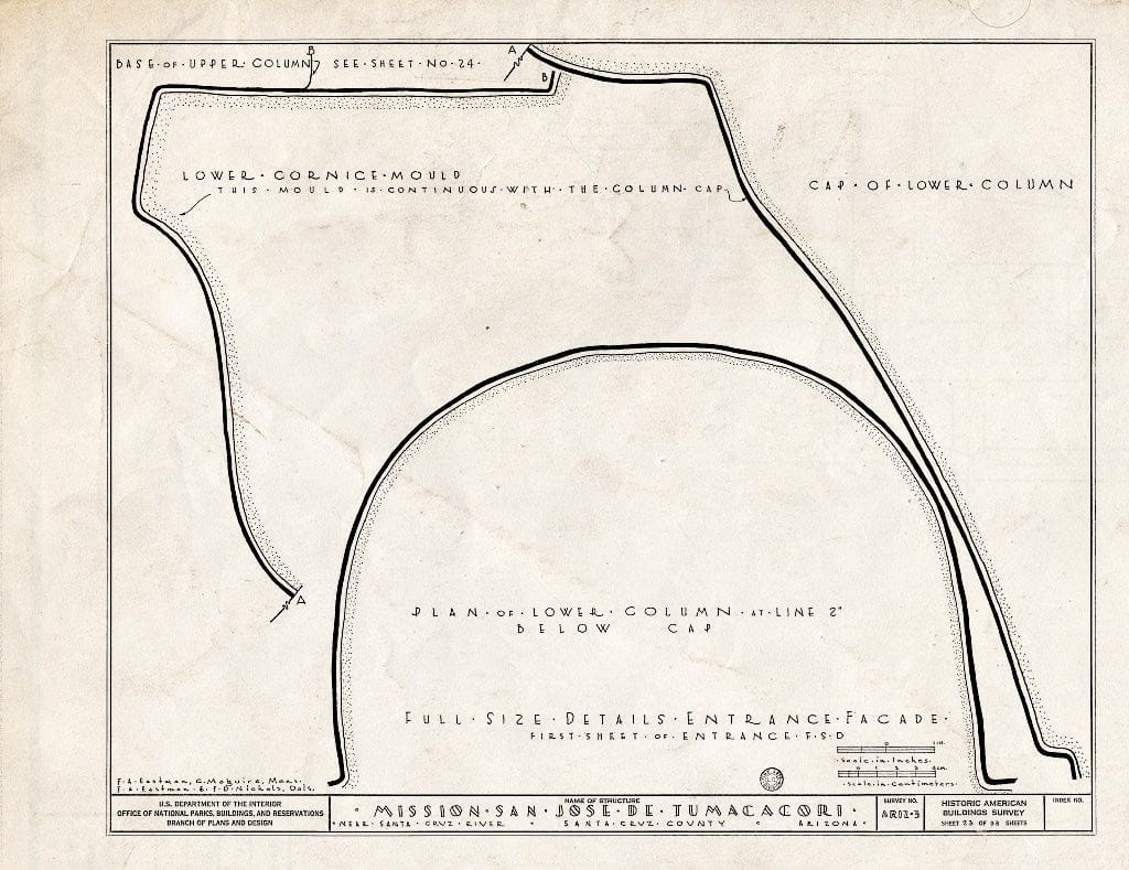 Blueprint 23. Full Size Details Entrance Facade - San Jose de Tumacacori (Mission, Ruins), Tubac, Santa Cruz County, AZ