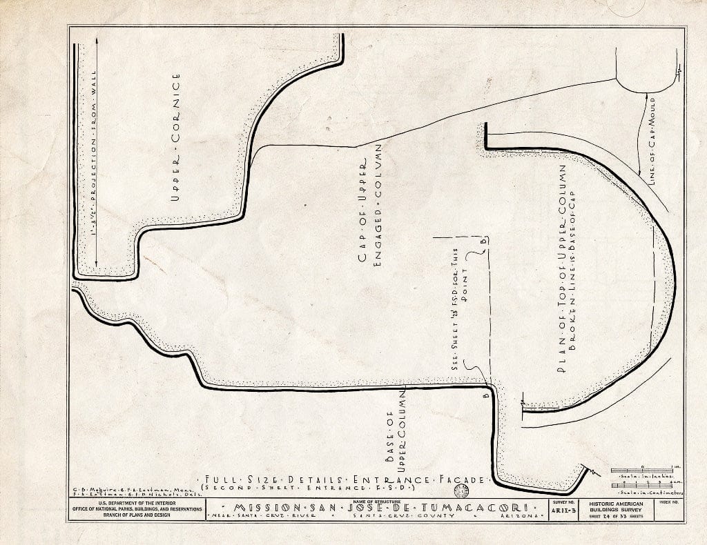 Blueprint 24. Full Size Details Entrance Facade - San Jose de Tumacacori (Mission, Ruins), Tubac, Santa Cruz County, AZ