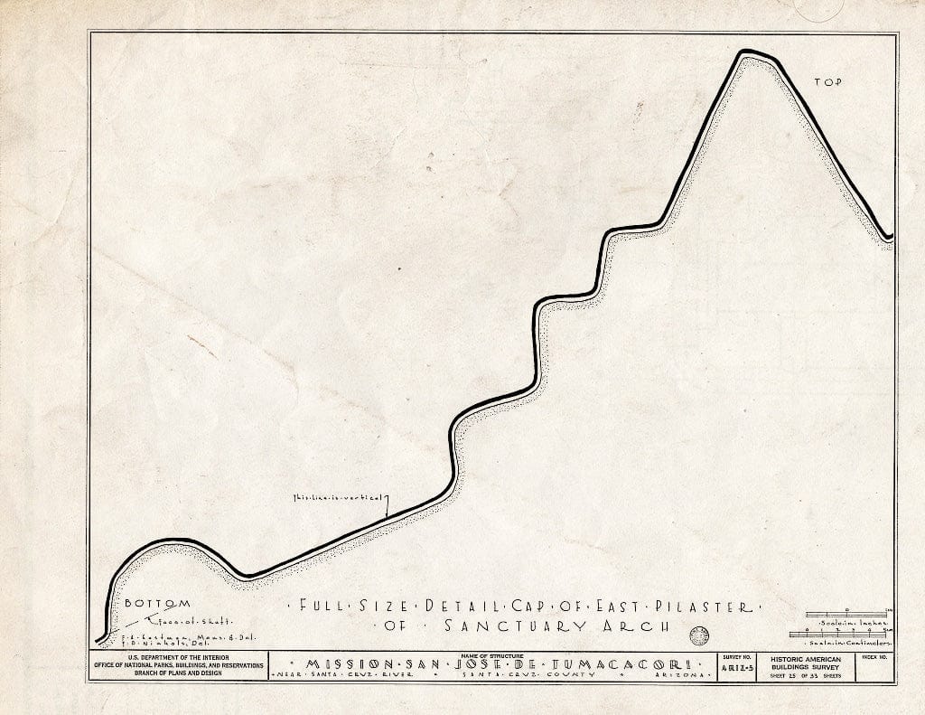 Blueprint 25. Full Size Detail Cap of East Pilaster of Sanctuary Arch - San Jose de Tumacacori (Mission, Ruins), Tubac, Santa Cruz County, AZ