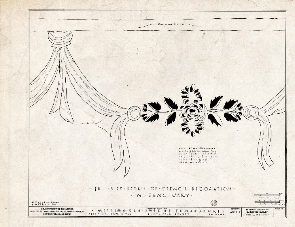 Blueprint 26. Full Size Detail of Stencil Decoration in Sanctuary - San Jose de Tumacacori (Mission, Ruins), Tubac, Santa Cruz County, AZ