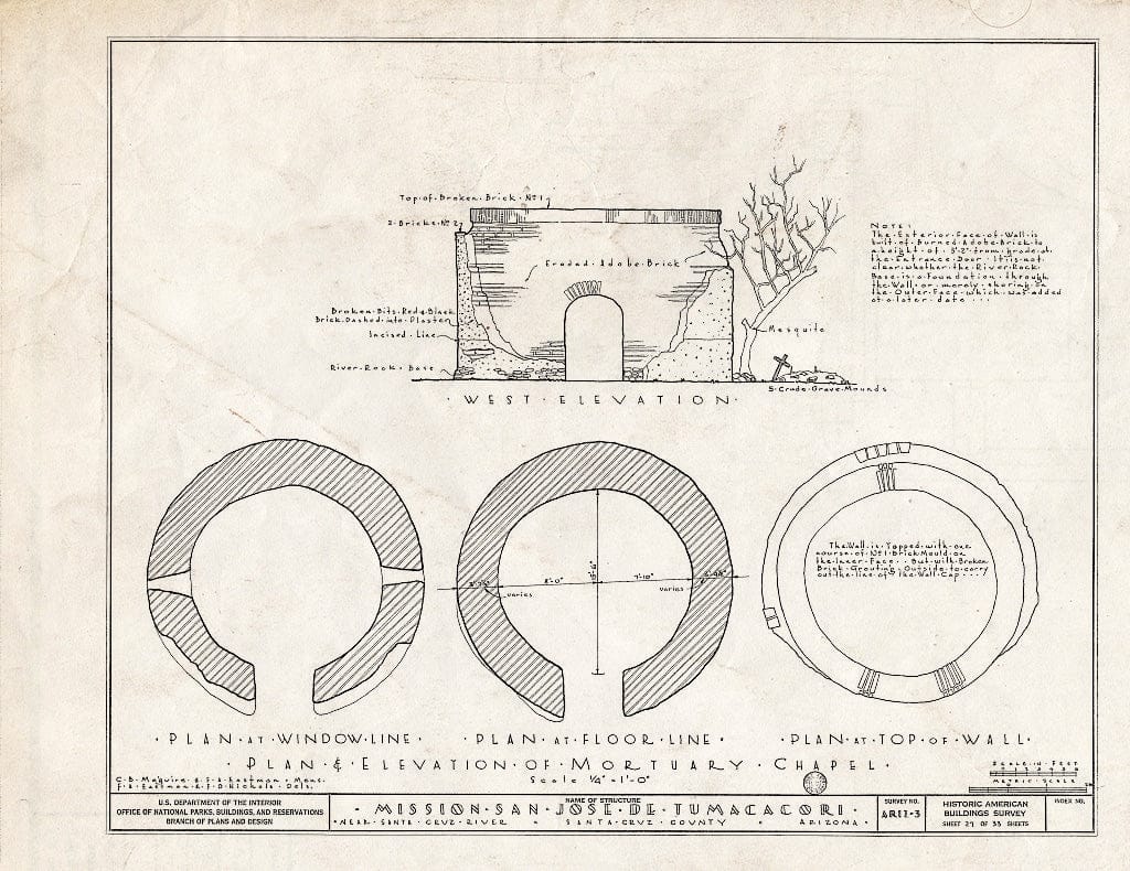 Blueprint 27. Plan and Elevation of Mortuary Chapel - San Jose de Tumacacori (Mission, Ruins), Tubac, Santa Cruz County, AZ