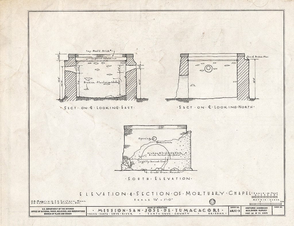 Blueprint 28. Elevation and Section of Mortuary Chapel - San Jose de Tumacacori (Mission, Ruins), Tubac, Santa Cruz County, AZ