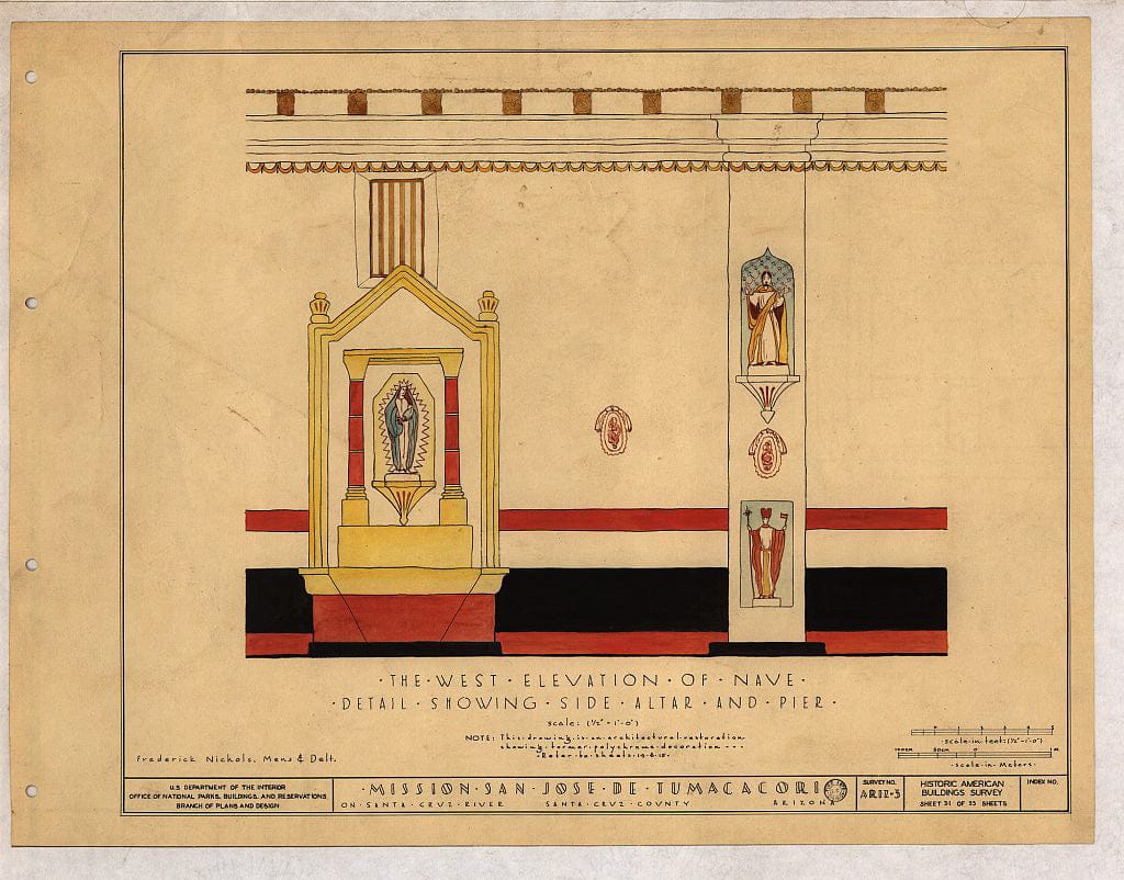 Blueprint 31. West Elevation of Nave, Detail Showing Side Altar and Pier - San Jose de Tumacacori (Mission, Ruins), Tubac, Santa Cruz County, AZ