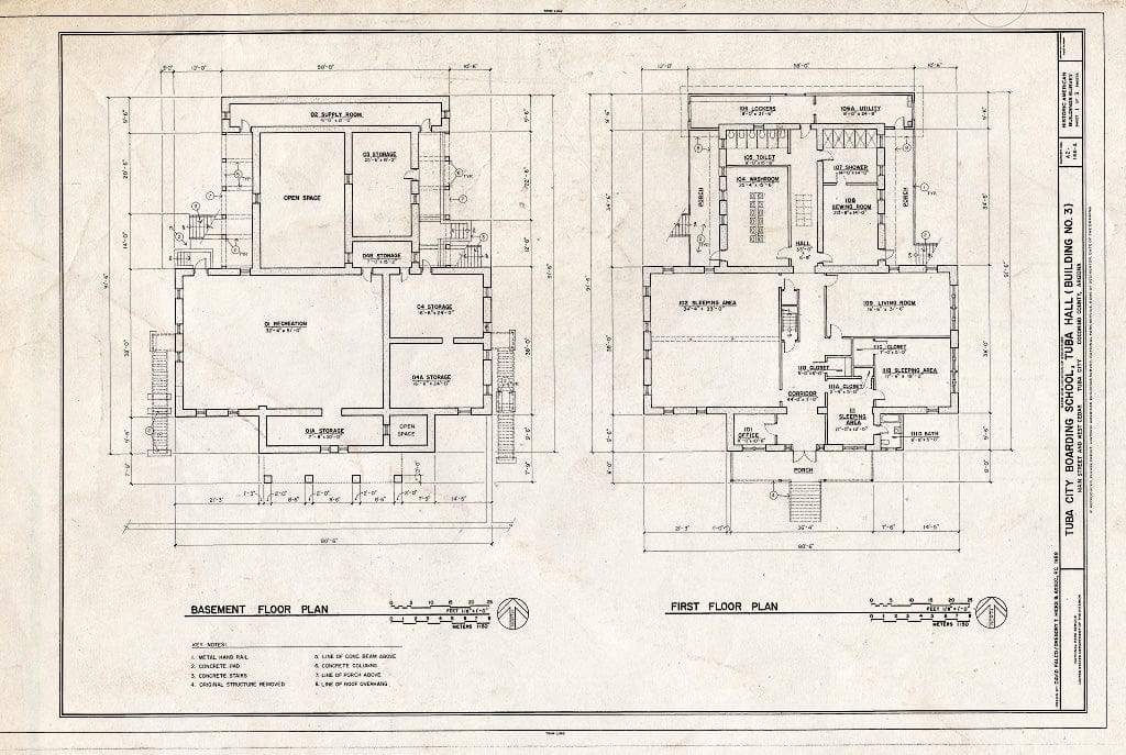 Blueprint Basement and First Floor Plans - Tuba City Boarding School, Tuba Hall, Navajo Reservation, Main Street & West Cedar Avenue, Tuba City, Coconino County, AZ