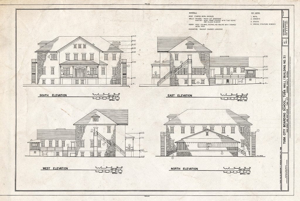 Blueprint Elevations - Tuba City Boarding School, Tuba Hall, Navajo Reservation, Main Street & West Cedar Avenue, Tuba City, Coconino County, AZ