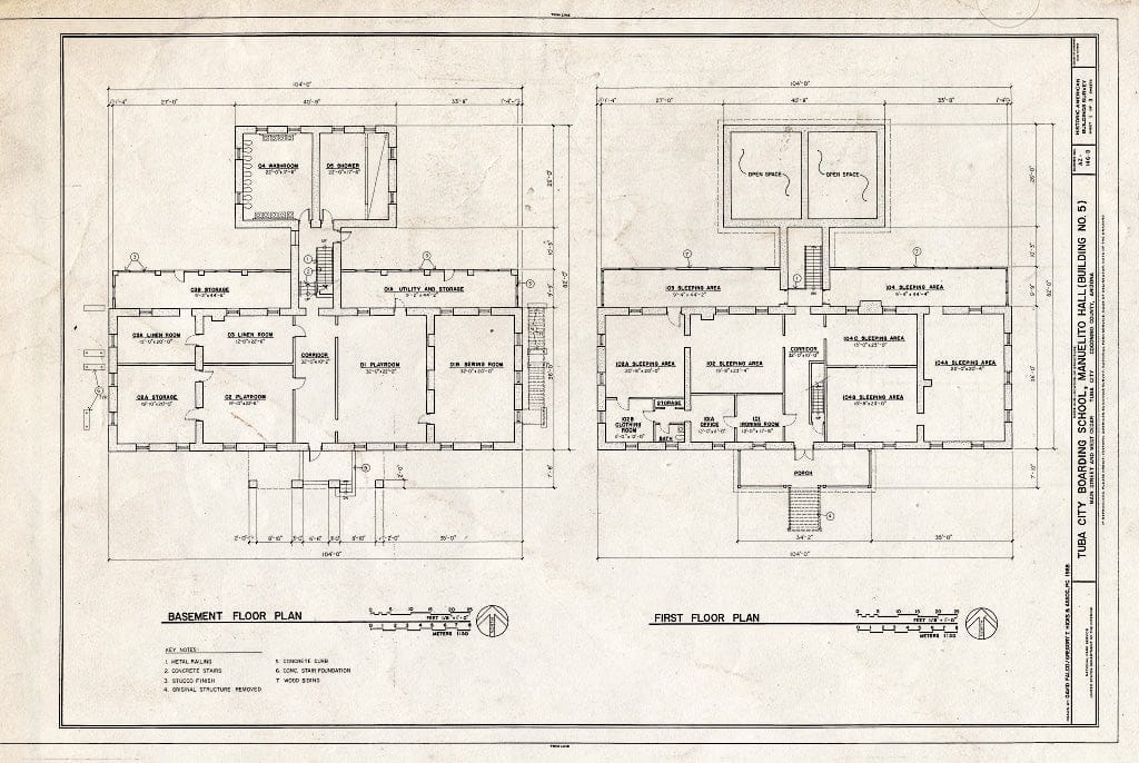 Blueprint Basement and First Floor Plans - Tuba City Boarding School, Manuelito Hall, Navajo Reservation, Main Street & West Cedar Avenue, Tuba City, Coconino County, AZ