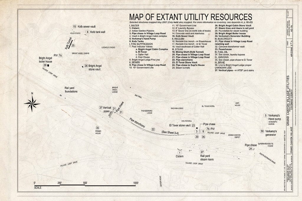 Blueprint Map of Extant Utility Resources - Grand Canyon Village Utilities, Grand Canyon National Park, Grand Canyon Village, Coconino County, AZ