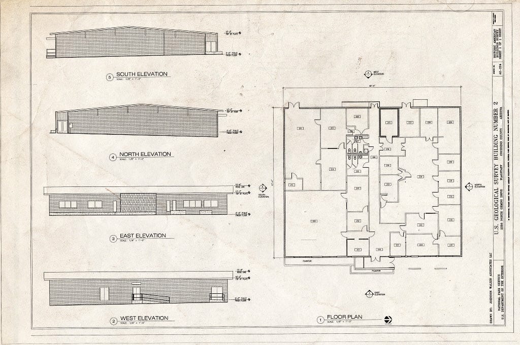 Blueprint Elevations & Floor Plan - U.S. Geological Survey Building Number 2, 2255 North Gemini Drive, Flagstaff, Coconino County, AZ