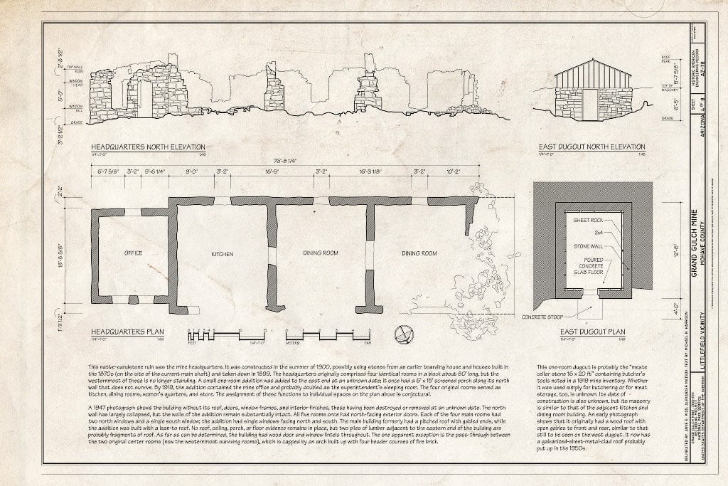 Blueprint 4. Headquarters North Elevation and Plan; East Dugout North Elevation and Plan - Grand Gulch Mine, Littlefield, Mohave County, AZ