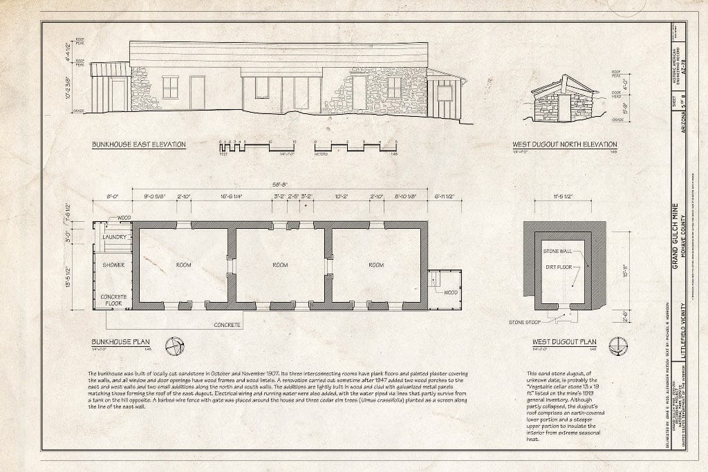 Blueprint 5. Bunkhouse East Elevation and Plan; West Dugout North Elevation and Plan - Grand Gulch Mine, Littlefield, Mohave County, AZ