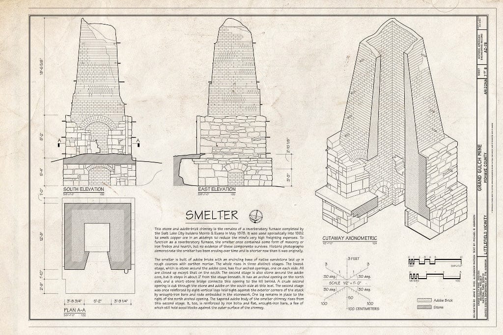 Blueprint 7. Smelter South and East Elevations, Plan A-A, Cutaway Axonometric - Grand Gulch Mine, Littlefield, Mohave County, AZ