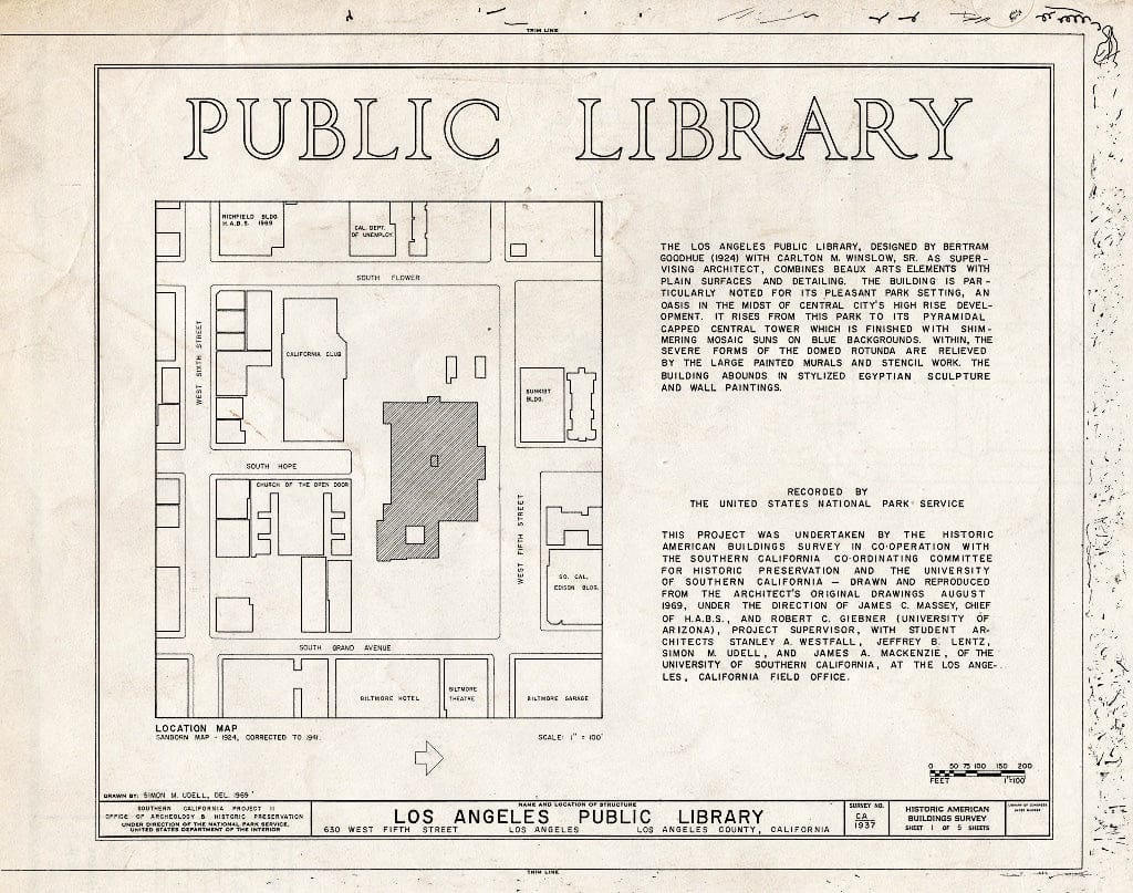 Blueprint 1. Cover Sheet - Los Angeles Public Library, 630 West Fifth Street, Los Angeles, Los Angeles County, CA