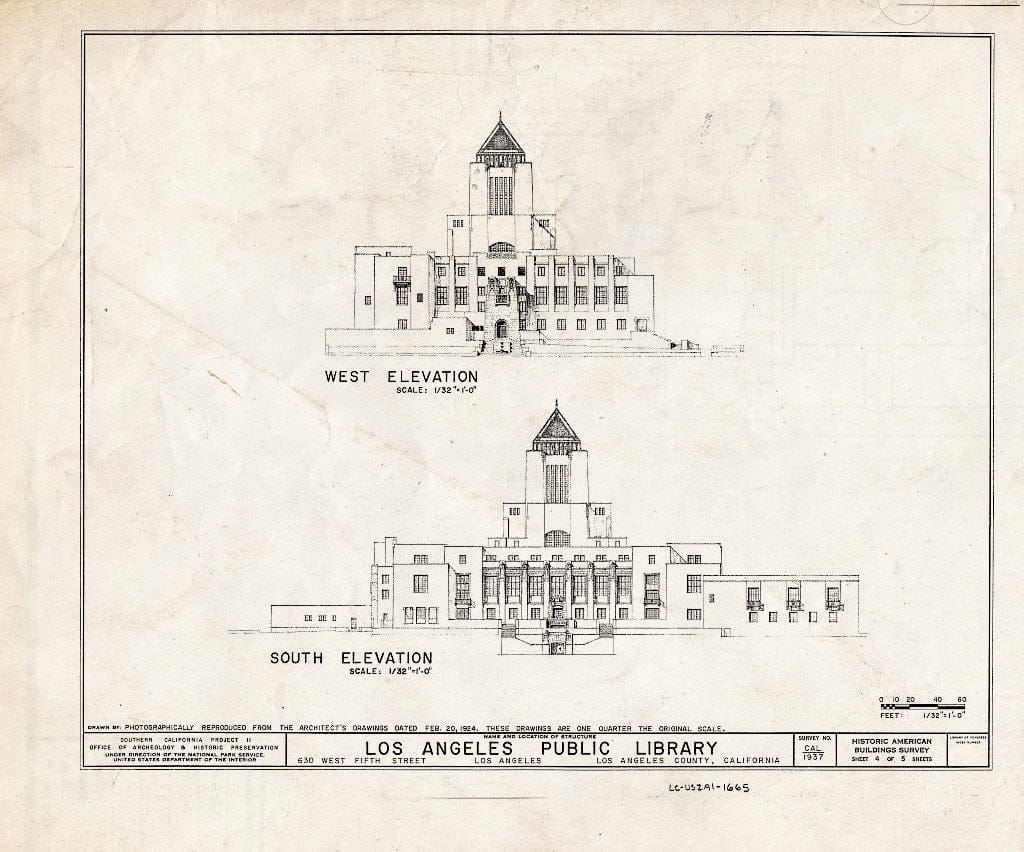 Blueprint 4. West and South elevations - Los Angeles Public Library, 630 West Fifth Street, Los Angeles, Los Angeles County, CA