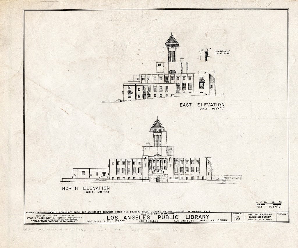 Blueprint 5. East and North elevations - Los Angeles Public Library, 630 West Fifth Street, Los Angeles, Los Angeles County, CA