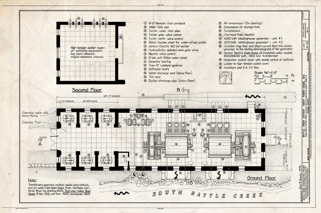 Blueprint Ground Floor, Second Floor - Battle Creek Hydroelectric System, Battle Creek & Tributaries, Red Bluff, Tehama County, CA