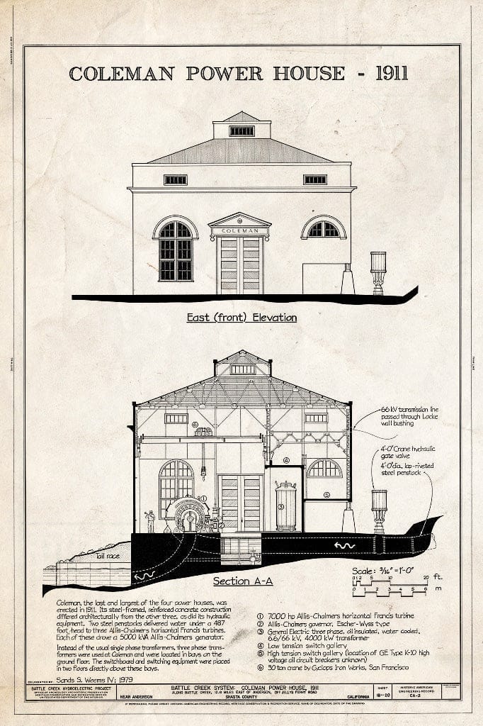 Blueprint Coleman Powerhouse: East (Front) Elevation, Section A-A - Battle Creek Hydroelectric System, Battle Creek & Tributaries, Red Bluff, Tehama County, CA