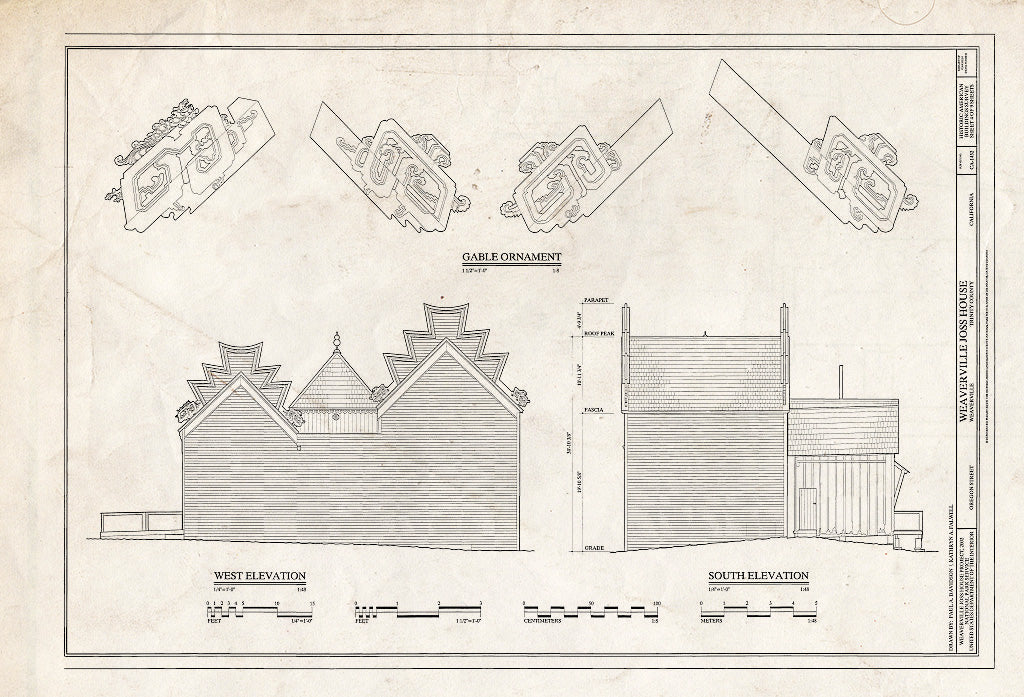 Blueprint Gable Ornament; west and South elevations - Weaverville Joss House, Oregon Street, Weaverville, Trinity County, CA