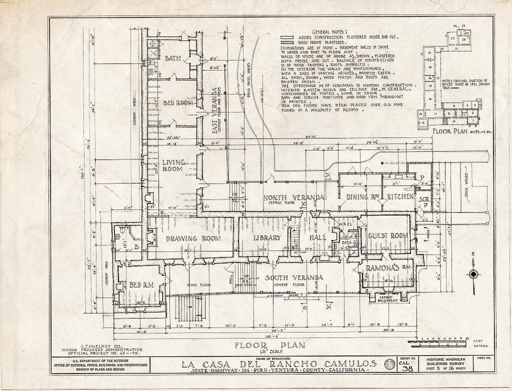 Blueprint 2. Floor Plan - Casa Del Rancho Camulos, State Highway 12 (5164 East Telegraph Road), Piru, Ventura County, CA