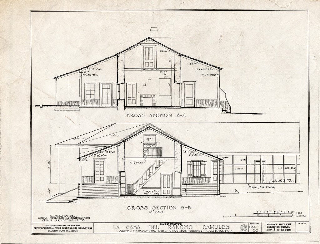 Blueprint 6. Cross Sections A-A and B-B - Casa Del Rancho Camulos, State Highway 12 (5164 East Telegraph Road), Piru, Ventura County, CA