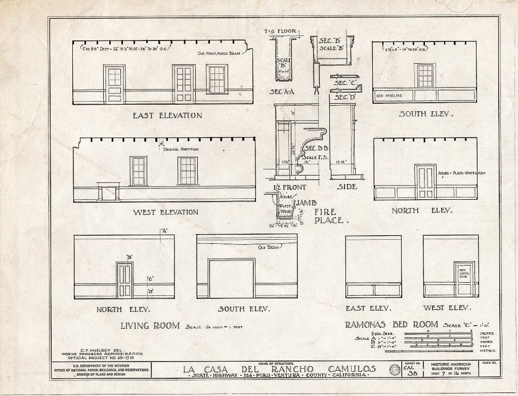 Blueprint 7. Living Room and Ramona's Bedroom: elevations and Details - Casa Del Rancho Camulos, State Highway 12 (5164 East Telegraph Road), Piru, Ventura County, CA