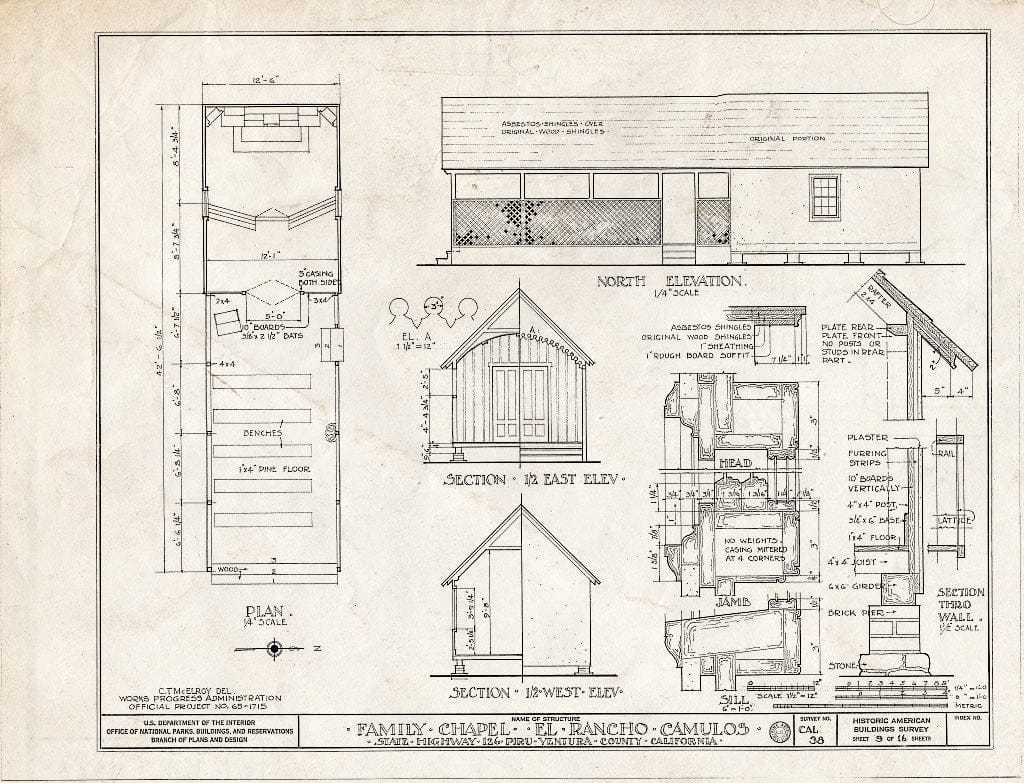 Blueprint 9. Family Chapel: Plan, Elevation, Sections, Details - Casa Del Rancho Camulos, State Highway 12 (5164 East Telegraph Road), Piru, Ventura County, CA