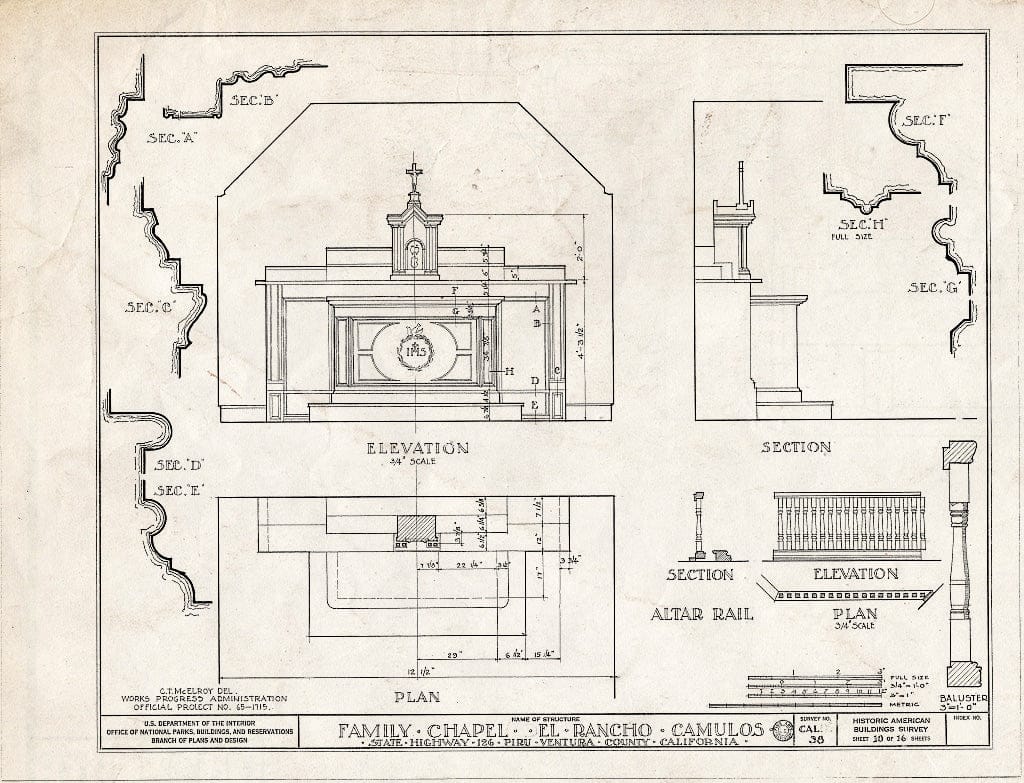 Blueprint 10. Family Chapel: Altar Details - Casa Del Rancho Camulos, State Highway 12 (5164 East Telegraph Road), Piru, Ventura County, CA