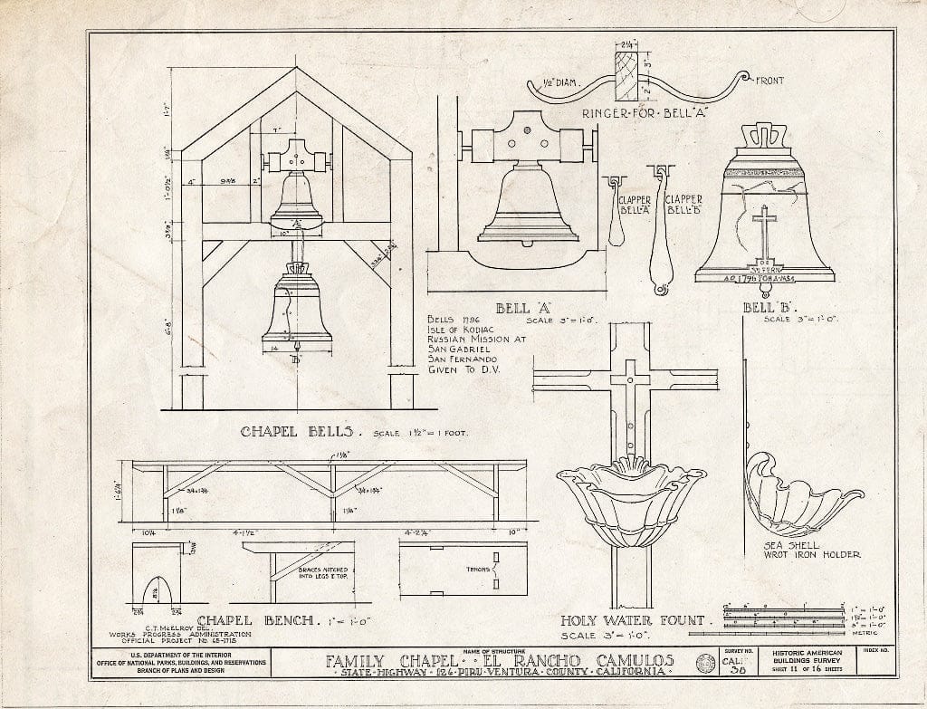 Blueprint 11. Family Chapel: Bells, Bench, holy Water Fount - Casa Del Rancho Camulos, State Highway 12 (5164 East Telegraph Road), Piru, Ventura County, CA