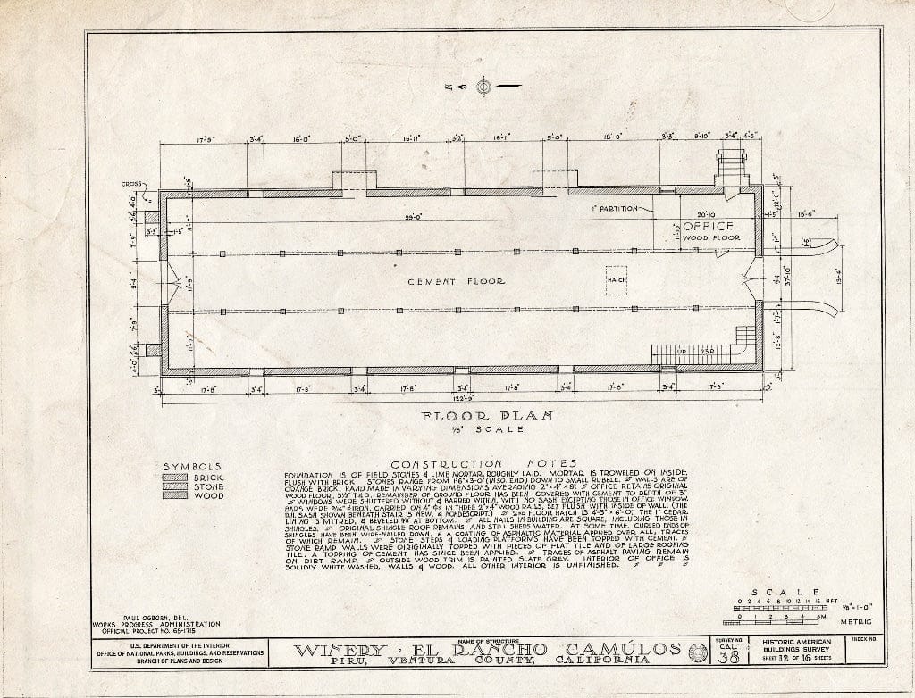 Blueprint 12. Winery: Floor Plan - Casa Del Rancho Camulos, State Highway 12 (5164 East Telegraph Road), Piru, Ventura County, CA