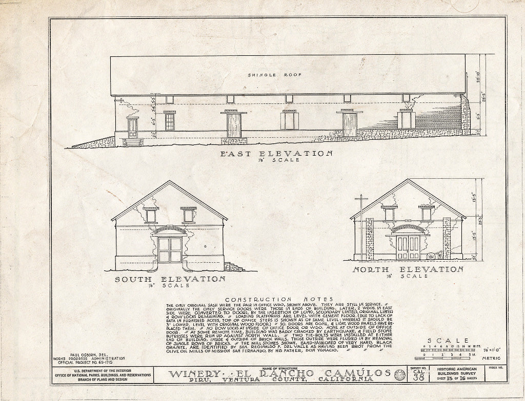 Blueprint 13. Winery: East, South, and North elevations - Casa Del Rancho Camulos, State Highway 12 (5164 East Telegraph Road), Piru, Ventura County, CA