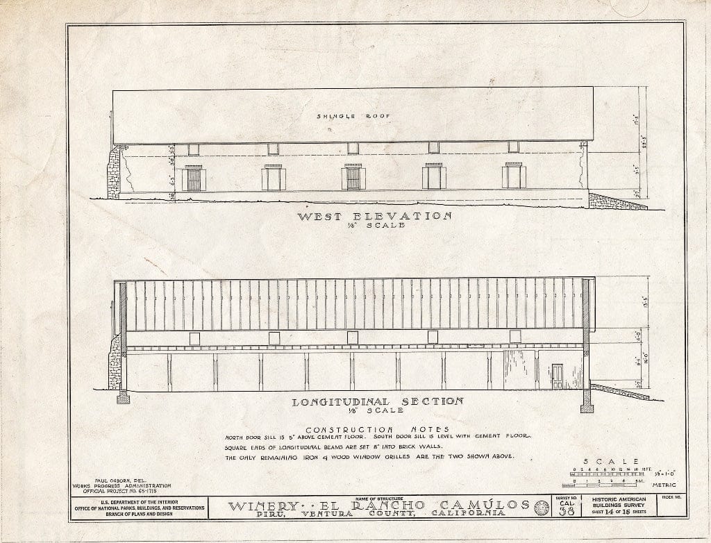 Blueprint 14. Winery: west Elevation and Longitudinal Section - Casa Del Rancho Camulos, State Highway 12 (5164 East Telegraph Road), Piru, Ventura County, CA