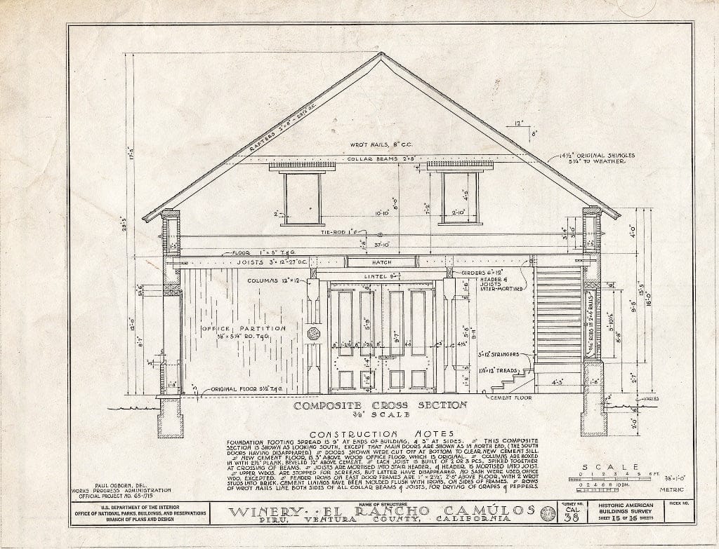 Blueprint 15. Winery: Composite Cross Section - Casa Del Rancho Camulos, State Highway 12 (5164 East Telegraph Road), Piru, Ventura County, CA