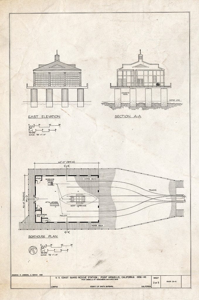 Blueprint East Elevation, Section A-A, Boathouse Plan - Point Arguello Coast Guard Rescue Station, Lompoc, Santa Barbara County, CA