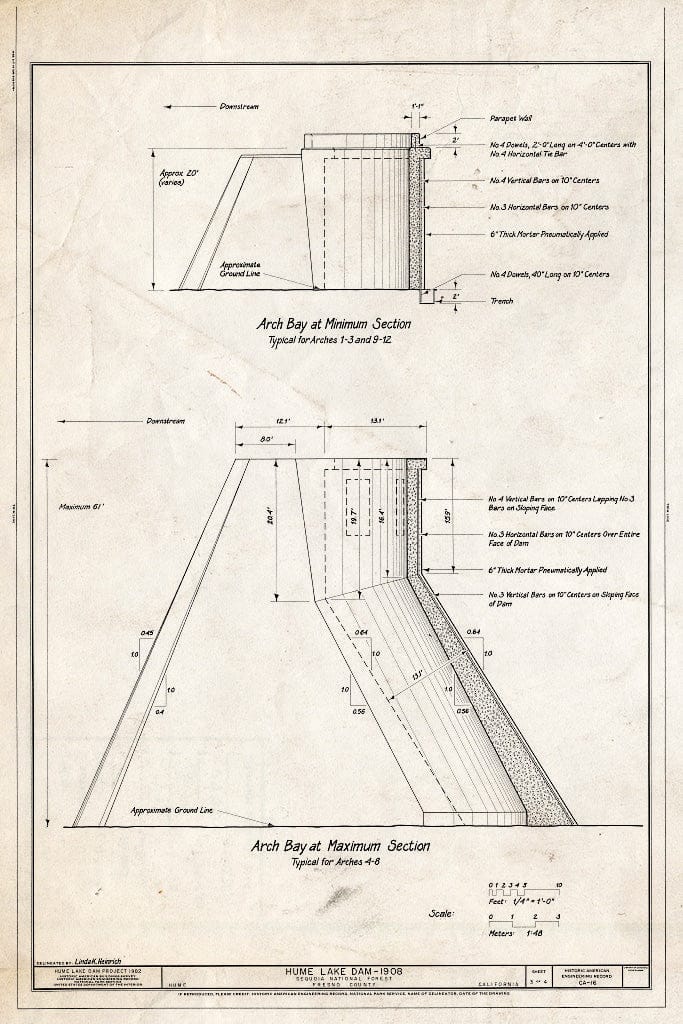 Blueprint Arch Bay at Minimum Section, Arch Bay at Maximum Section - Hume Lake Dam, Sequioa National Forest, Hume, Fresno County, CA