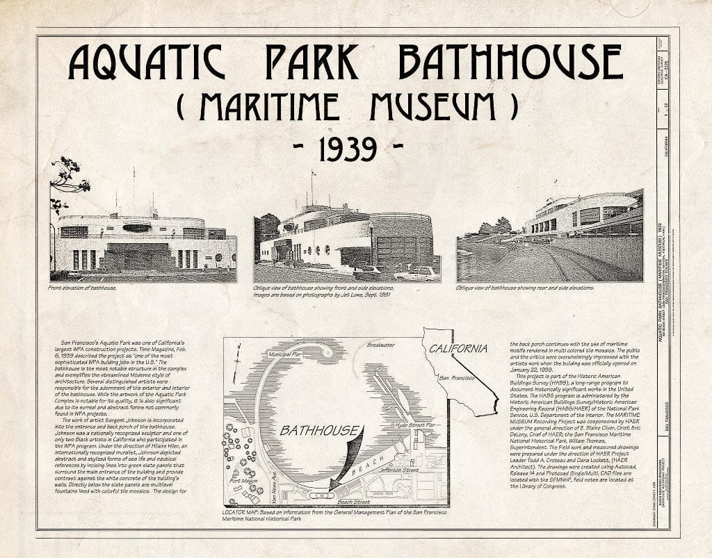 Blueprint 1. Title Sheet - Aquatic Park Bathhouse, 900 Beach Street, San Francisco, San Francisco County, CA