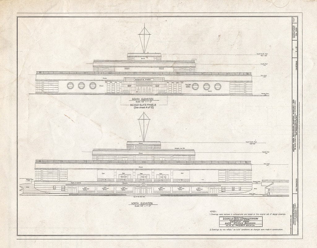 Blueprint 3. South and North elevations - Aquatic Park Bathhouse, 900 Beach Street, San Francisco, San Francisco County, CA